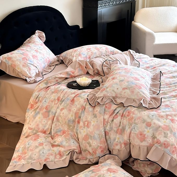 HighBuy Ruffle Duvet Cover Queen Size,Vintage Lace Floral Botanical 100% Brushed Cotton Bedding Set for Women Girls,Farmhouse Bedding Super Soft Comfortable Boho Chic Lightweight 3 Pieces