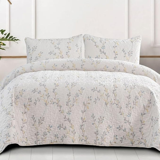 Exclusivo Mezcla Reversible Boho Quilts Queen Size, White Bedspreads Lightweight Coverlet All Season Flowers Quilt Bedding Set with Printed Floral Pattern (1 Quilt, 2 Pillow Shams)