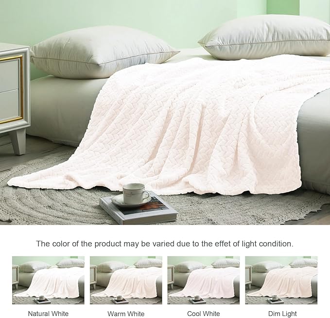 Exclusivo Mezcla Fleece Queen Size Blanket for Bed, 90x90 Inches Soft Cozy Jacquard Flannel Blankets, Lightweight Fuzzy Plush Warm for Women, Off White