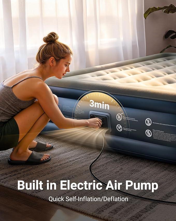 iDOO Queen Air Mattress with Built in Pump, 18 Raised Comfort Inflatable Blow up Mattress, Upgraded Four Chamber Portable Air Bed for Camping, Guests and Home, Colchon Inflable, 650 lbs Max