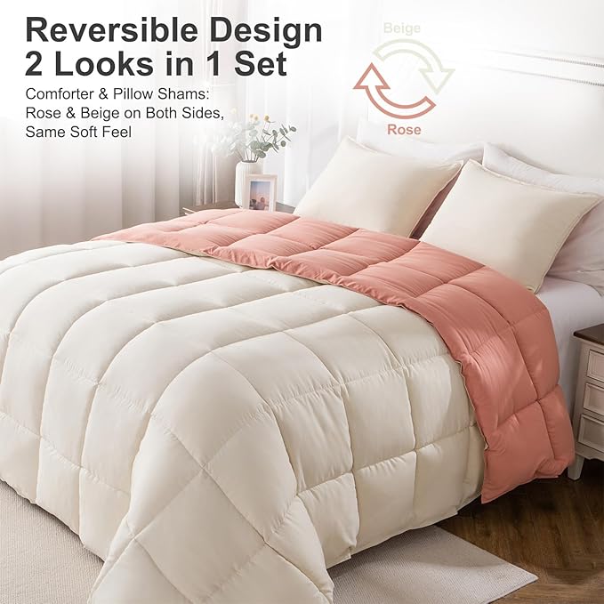 KASENTEX King Comforter Set – Reversible Dual Color – Goose Down Alternative – Ultra-Soft, Lightweight, Machine Washable, Maintain Fluffiness, All Season Warmth (Rose/Beige)