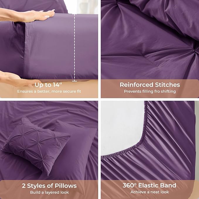 Sasttie King Size Comforter Set, 7-Piece Bed in a Bag, Pintuck Bedding Set for All Season, Includes Comforter, Flat Sheet, Fitted Sheet, Pillowcases and Pillowshams, Grape Purple