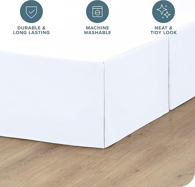 Bare Home Queen Bed Skirt - 15-Inch Tailored Drop Easy Fit - Bed Skirt for Beds - Center & Corner Pleats (Queen, White)