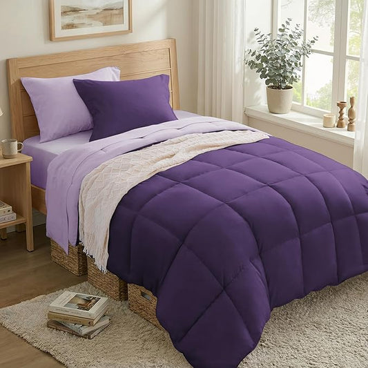 Anluoer Twin Comforter Set,Dark Purple&Light Purple Bed in a Bag 5 Piece,Lightweight Bedding Set with Down Alternative Fill,Bed Set Includes Comforter, Fitted Sheet, Flat Sheet,Pillowcase and Sham