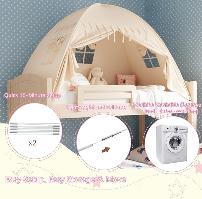 Akiky Bed Tent Bed Canopy Twin Size with Bottom,Kids Tent Indoor Floor with Lights Portable Foldable Bunk Curtains for Girls Boys (Natural, Twin)