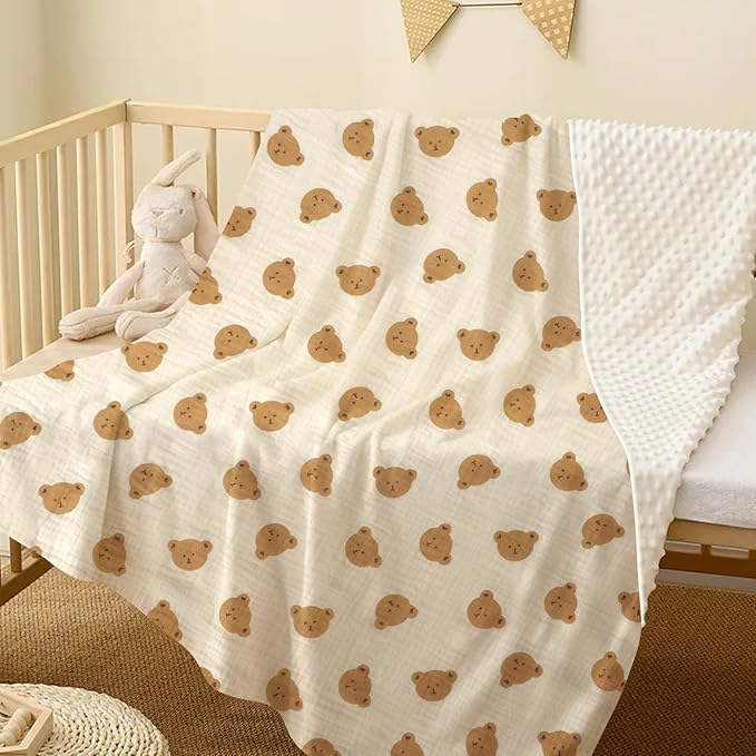 Cotton Muslin Front Fluffy-Backed Baby Swaddle Blankets Double Layer Nursery Plush Dotted Fleece Back Receiving Bed Quilt Blanket for Unisex Newborn Toddler Boys Girls 30 x 41 Inches