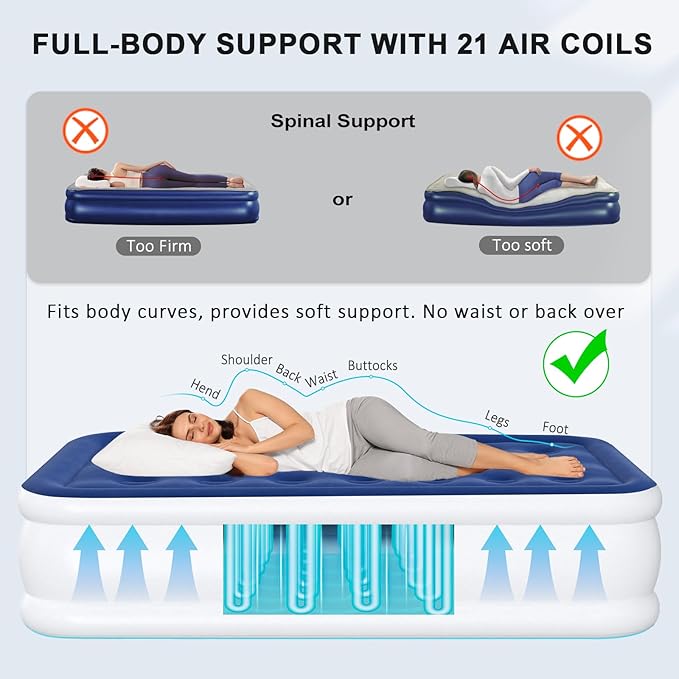 Twin Air Mattress with Built-in Pump, 18" Raised Inflatable Bed Blow Up Mattress, Comfort Portable Air Bed for Camping, Home Guests, Travel 550 lbs Max