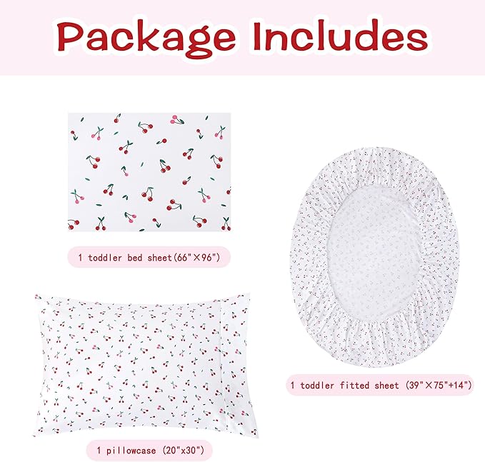 Kids Sheet Set Twin Size, Twin Sheet Set with Little Cherry Pattern，Breathable Silky Soft Microfiber Kids Fitted Sheet