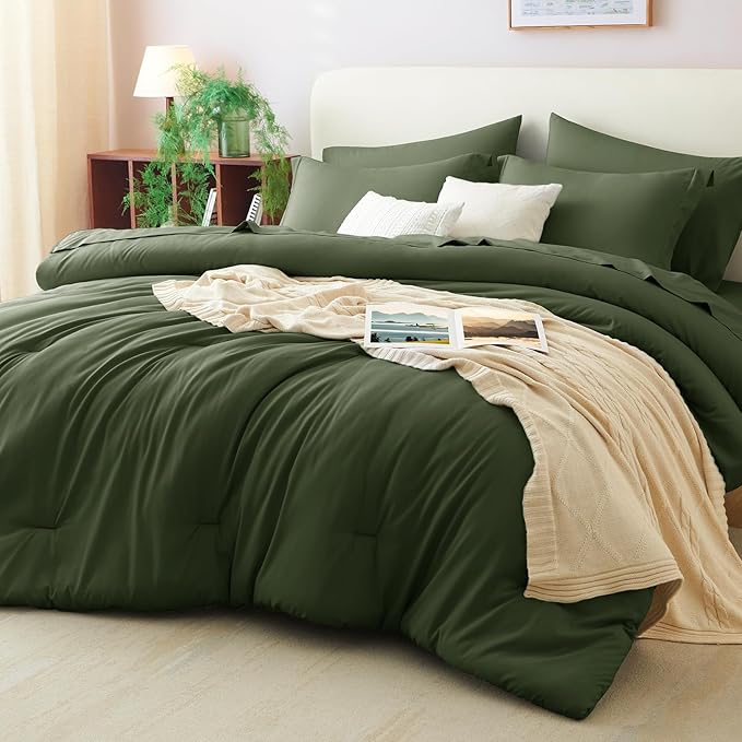 CozyLux Queen Comforter Set Olive Green, 7 Pieces Bed in a Bag Queen Comforter Set with Sheets, Bedding Sets with Down Alternative Comforter, Fitted Sheets, Flat Sheets, Pillow Shams and Pillowcases