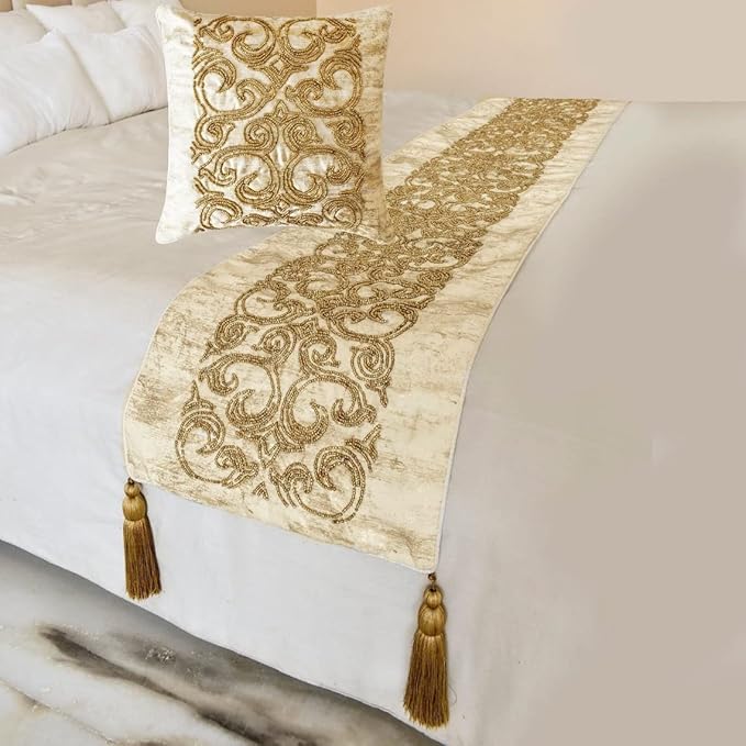 The HomeCentric King/Queen/Twin Gold Designer CA King 86"x18" Bed Runner with 2 Pillow Cover, Foil & Hand Beaded Embroidery Bed Scarf on Jacquard Fabric - Ornamento Oro