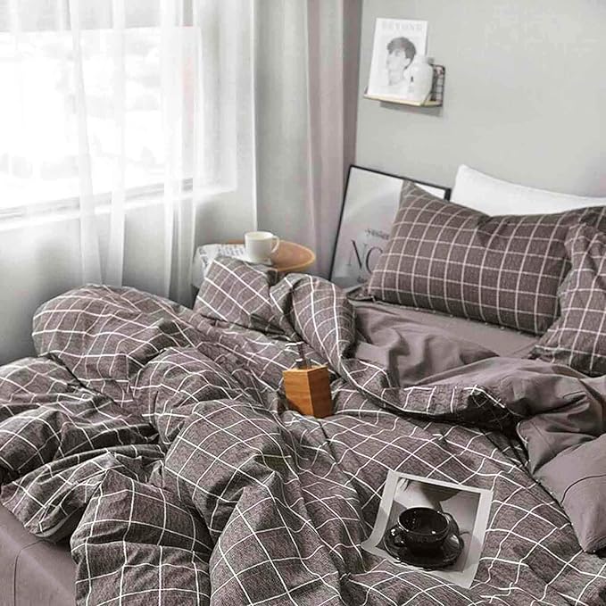 Nanko Grid Duvet Cover Twin Set, 2 Pieces 1200 TC Luxury Microfiber Down Comforter Quilt Cover with Zipper Closure, Ties - Grey Modern Bedding for Men Teen Seniors, Plaid Gray Brown