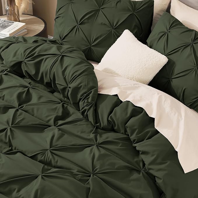Litanika Olive Green Pinch Pleat Duvet Cover King, 3 Pieces Pintuck Soft Microfiber Bedding Set with Zipper Closure & Corner Ties(104x90Inch-1 Duvet Cover, 2 Pillowcases)