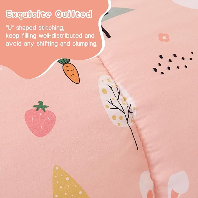 Yibeizi Pink Bunny Kids Comforter Set for Girls Twin, Cute Quilted Printed Woodland Bedding Set with Pillow Sham, Lightweight Soft Breathable Machine Washable Bed Set 2 Piece