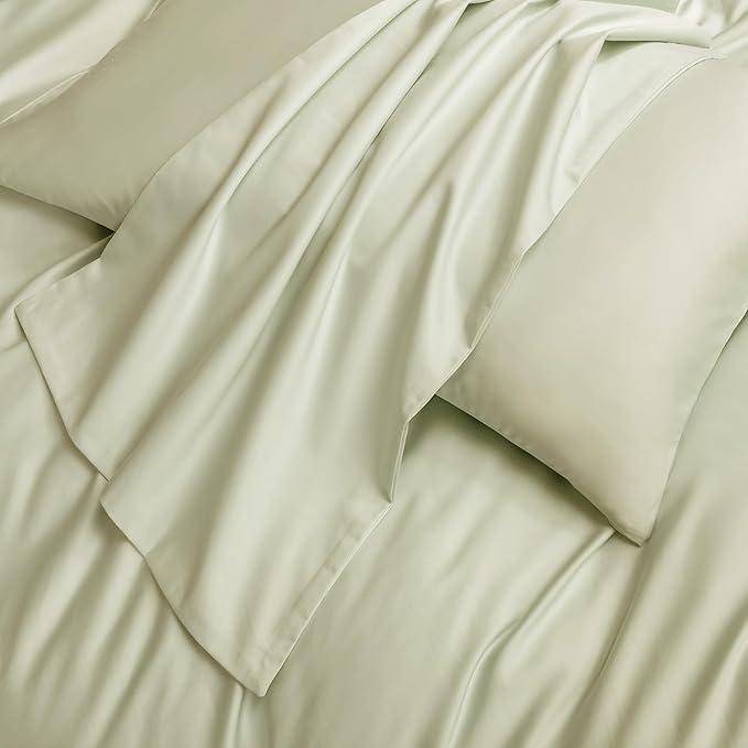 MooMee Duvet Cover Set 100% Extra Long Staple Cotton 600 Thread Count Silky Sateen Smooth Luxury Soft Breathable Durable Hotel Quality Bedding, 3 Pieces (Mint Green, Queen 90"x90")