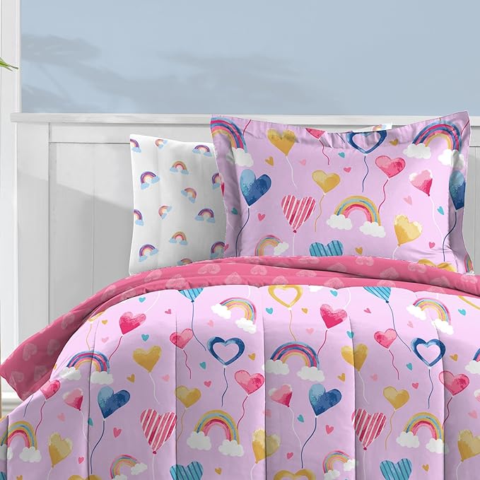 Dream Factory Kids 7-Piece Complete Bed Set Easy-Wash Super Soft Microfiber Comforter Bedding, Full, Lilac Balloon Hearts