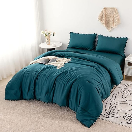 PERFEMET Teal Bed in A Bag Twin Size 5 Pieces Boho Pom Pom Comforter Set with Sheets for Girls Kids Fluffy Soft Microfiber Solid Bedding Complete Set(Teal, Twin)