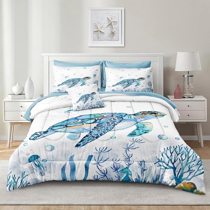 Ocean Themed Bedding Sets - 8 Pieces Queen Bed in A Bag - Teal Blue Turtle & Sea Horse Animal Cartoon Pattern Beach Coastal Bedding Comforter