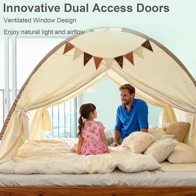 Full Bed Tent Canopy, Indoor Blackout Privacy Toddler Bed Tent for Kids with Light, Portable Sleeping Floor Kids Playhouse (Cream, Full Size)
