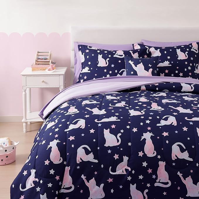 Twin Comforter Set for Girls-3 Pieces Cute Cat Twin Bedding Sets for Kids,1 Comforter,1 Sham and 1 Decor Pillow