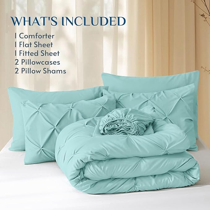 JOLLYVOGUE Full Size Comforter Sets 7 Pieces - Bed in a Bag Full for All Season, Pintuck Bedding Comforter Sets with Comforter, Flat Sheet, Fitted Sheet and Pillowcases & Shams, Lake Blue