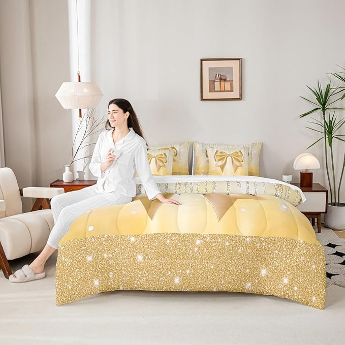 Feelyou Bowknot Comforter Set with Sheets 7 Piece Twin Size Dreamy Princess Bed in a Bag Kids Boys Girls Glitter Bedding Set Cute Bow Bedroom Decor Breathable Soft Lightweight Microfiber