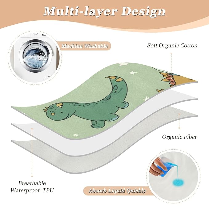 Waterproof Bed Pad Reusable Changing Pad Toddler Mattress Protector Large Pee Pad Baby Diaper Pad Soft Washable Liner Green Space Dinosaurs
