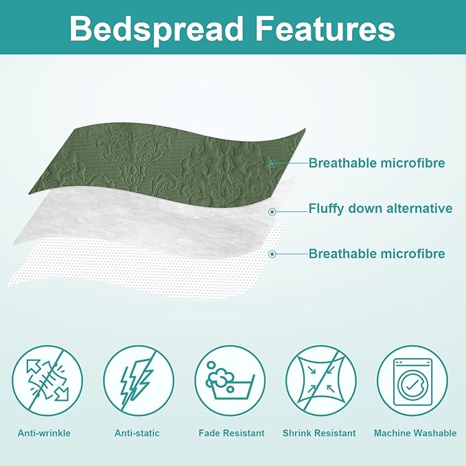 Hansleep Olive Green Quilt Twin Size - Damask Ultrasonic All Season Bedspread Twin, Soft Lightweight Coverlet Bedding Set, 2 Piece (1 Quilt, 1 Pillow Shams)