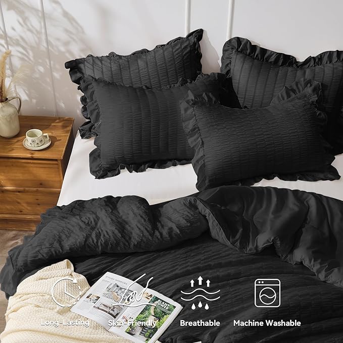 JOLLYVOGUE Black Comforter Full Size, 3 Pieces Seersucker Lightweight Full Size Bedding, All Season Fluffy Microfiber Bedding Comforter Set with 1 Ruffle Comforter and 2 Ruffle Pillowshams