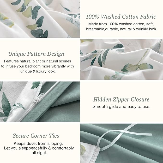 MILDLY King Duvet Cover Sage Green - 100% Washed Cotton Eucalyptus Printed Linen Feel Comforter Cover 3pcs with Zipper Closure Corner Ties