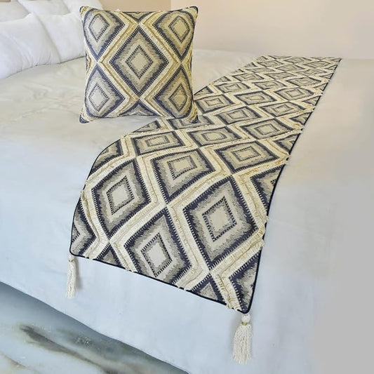 The HomeCentric King/Queen/Twin Blue Decorative King 90"x18" Bed Runner Without Pillow Cover, Lace & Moroccan Decor Bed Scarf on Jacquard Fabric - Akida