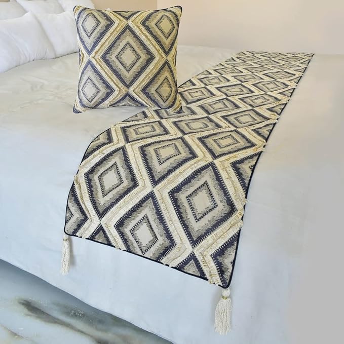 The HomeCentric King/Queen/Twin Blue Decorative CA King 86"x18" Bed Runner with Pillow Cover, Lace & Moroccan Decor Bed Scarf on Jacquard Fabric - Akida