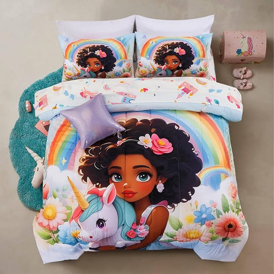 A Nice Night Rainbow Unicorn Twin Comforter Set for Girls 6 Pieces Bed Sets with Sheets, Princess Style Lightweight Soft Flower Bedding Set for Kids Teens,Twin