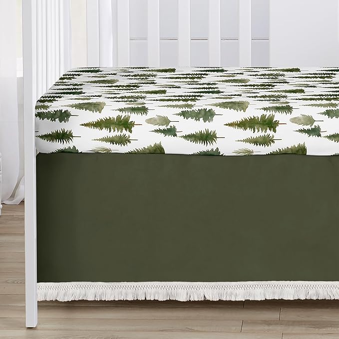 Sweet Jojo Designs 4-Piece Baby Crib Bedding Set (Sage Green Woodland) for Boys/Girls, Infants/Nursery incl. Blanket, Fitted Sheet, Skirt, Diaper Stacker (Forest Themed, Nature, Pine Tree, Abstract)