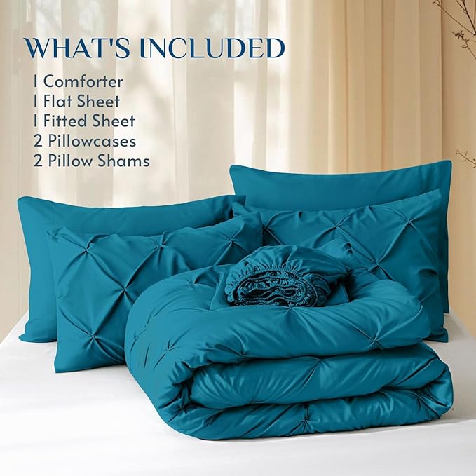 JOLLYVOGUE Full Size Comforter Sets 7 Pieces - Bed in a Bag Full for All Season, Pintuck Bedding Comforter Sets with Comforter, Flat Sheet, Fitted Sheet and Pillowcases & Shams, Teal