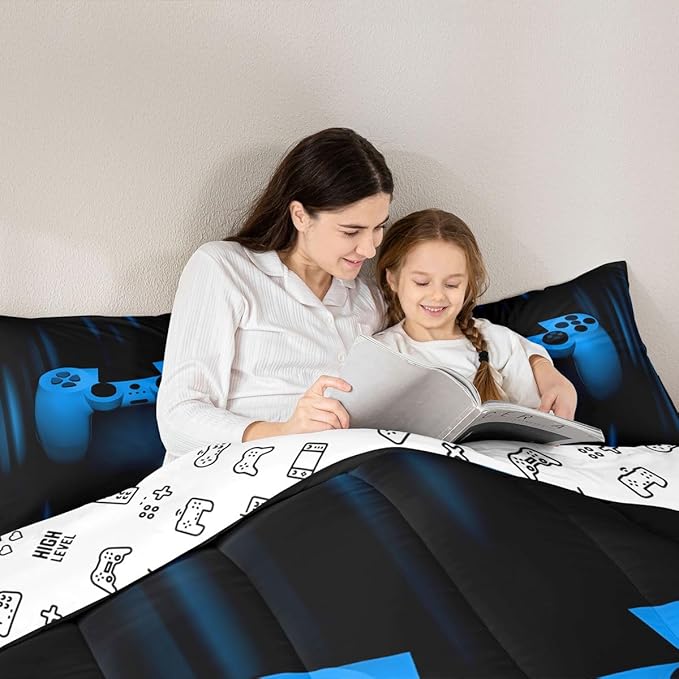 Feelyou Boys Gamer Comforter Set Twin Size Bedding Set for Kids Gaming Comforter Blue Black Video Games Gamepad Room Decor for Teens Child Super Soft Geometric Duvet Quilted Son Grandson Gift