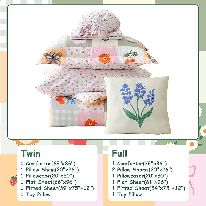 Mooreeke Kids Twin Comforter Sets for Girls 6 Pieces Floral Butterfly Bedding Set for Teens Microfiber Splice Block Flower Kids Bed in A Bag with Comforter, Sheet Set, Shams and Decorative Toy Pillow