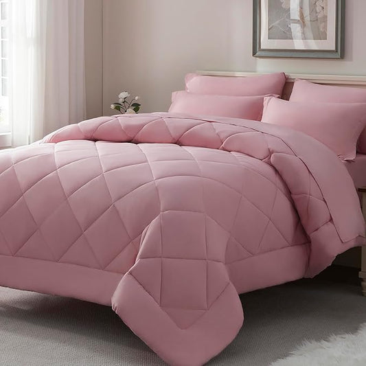 ELNIDO QUEEN® Full Size Comforter Set - 7 Pieces Bed in a Bag Full, Bed Set for All Seasons, Ultra Soft Blush Pink Bedding Sets with Comforter, Flat Sheet, Fitted Sheet, Pillowcases and Pillow Shams