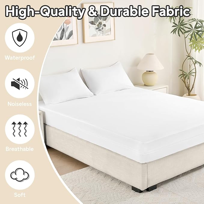 King Size Mattress Protector Zippered (8’’-10” Depth) – Waterproof Mattress Encasement Bed Cover,Premium Six-Sided Mattress Cover for Bed,Noiseless Breathable Machine Washable, White