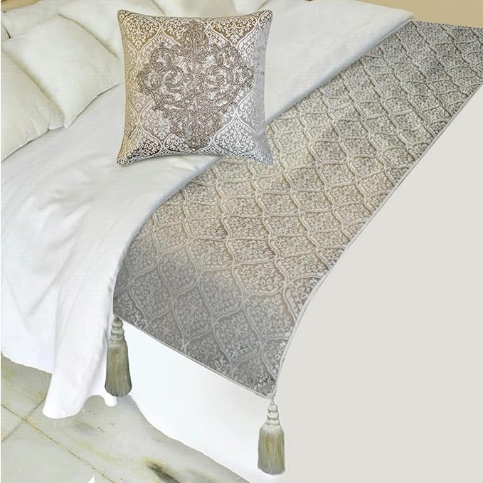 The HomeCentric Gray Bed Runner for King/Queen/Twin Jacquard Decorative Bed Scarf 53"x18" Bed Runner Without Pillow Cover, Damask Bed Scarf Bedroom Décor Accent - Silver Empress