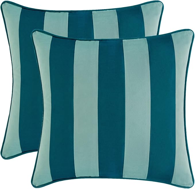 MONDAY MOOSE Decorative Throw Pillow Covers Cushion Cases, Set of 2 Soft Velvet Striped Piping Edge Designs, Pillow Inserts Not Included (16x16 inch, Blue/Light Blue)