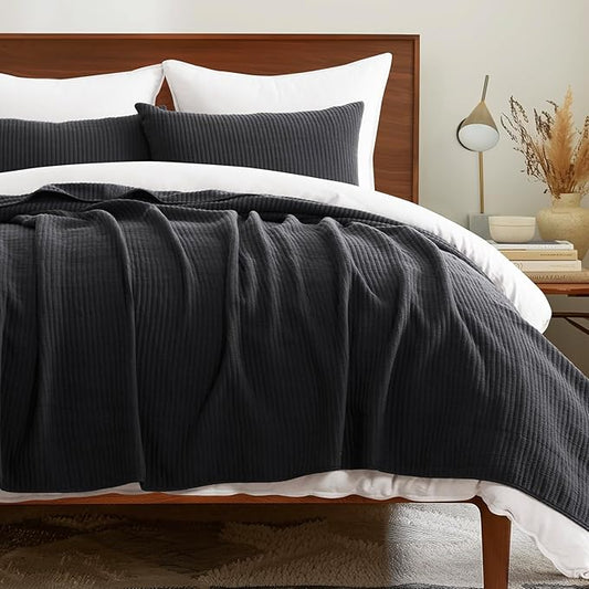EVERGRACEHOME Cotton Coverlet Set Full Queen Size 3 Pieces, Lightweight Soft Ribbed Matelassé Bedspread Quilt Set, Cozy Oversized Quilted Bedding Set with 2 Pillow Shams for All Seasons, Washed Black