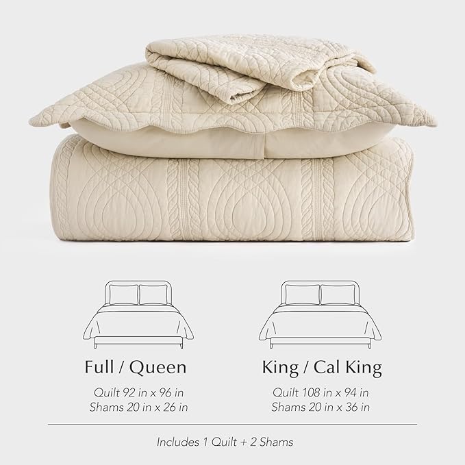 EVERGRACE 100% Cotton Scallop Quilt Set, King Size 3 Piece Set – Lightweight Bedspread with 2 Shams, Soft Prewashed Matelasse Coverlet for Cozy and Elegant Bedding, Flax Beige