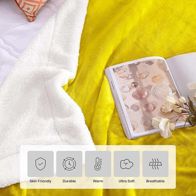 MOONLIGHT20015 Gold Sherpa Fleece Twin Blanket - (Ochre, 60X80 Inches) Warm and Fluffy Blankets for Winter - Reversible Thick and Cozy Twin Size Blankets for Bed, Camping and Travel