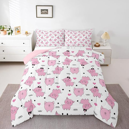Erosebridal Pink Pig Comforter Set for Girls Kawaii Room Decor Twin,Cute Pigs Bedding Set for Kids Boys Children Farm Animal Quilted Duvet Sets Cartoom Style Soft Lightweight Down Comforter 2 Pcs