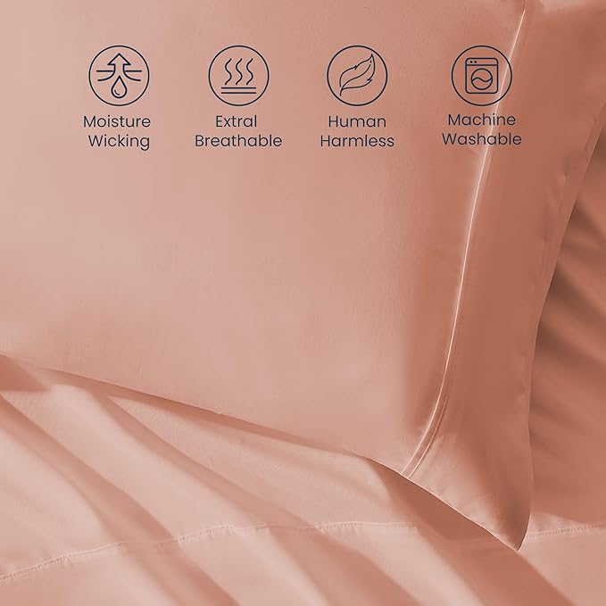 SLEEP ZONE Nanotex Super Soft Cooling Twin Bed Sheets Set for Kids 3 Piece - Easy Care Fitted Flat Sheet & Pillowcase Sets - Wrinkle Free, Fade Resistant, Deep Pocket 16" (Dull Pink, Twin)