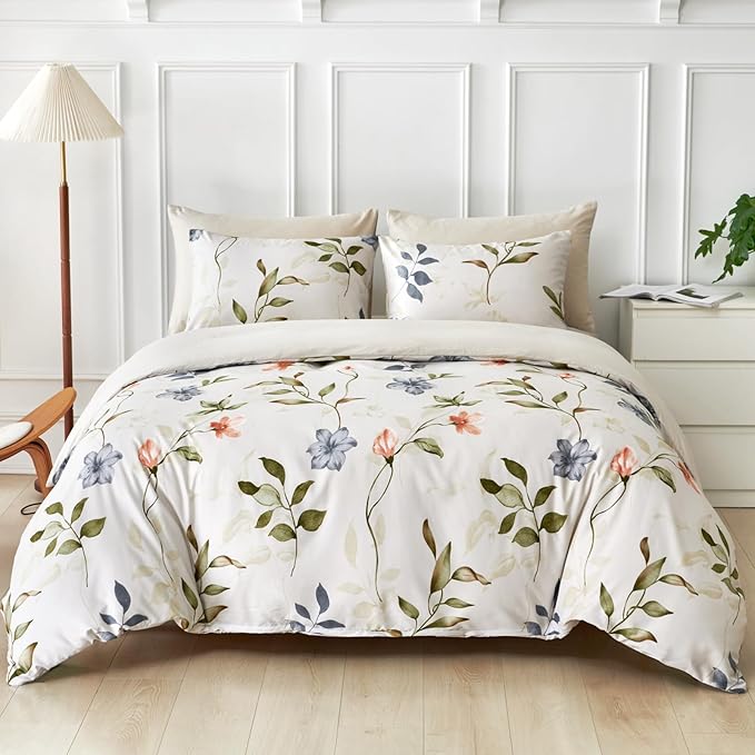 Lekesky Boho Duvet Cover Queen Size, Queen Comforter Cover White Floral Printed Duvet Cover Set, 3 Pieces Soft Microfiber Bedding Set with Zipper and 2 Pillowcases (Queen, 90"x90")