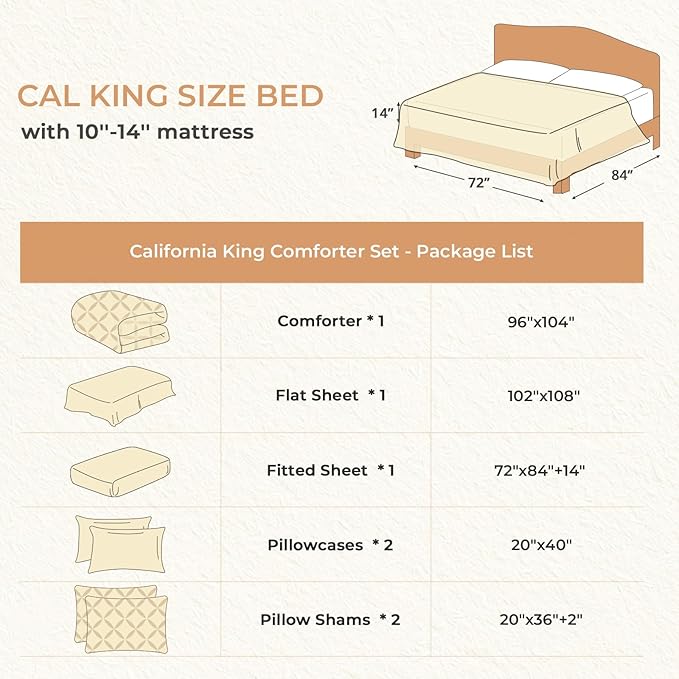 Sasttie California King Comforter Set, 7-Piece Bed in a Bag, Pintuck Bedding Sets for All Season, Includes Comforter, Flat Sheet, Fitted Sheet, Pillowcases and Pillowshams, Ivory