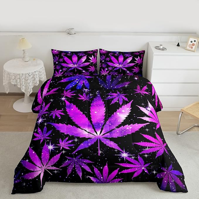 Erosebridal Purple Galaxy Comforter Set King,Botanical Leaf Bedding Set Leaves Down Comforter for Kids Boys Girls Women Adults Hemp Quilt Duvet Room Decor 2Pcs Black