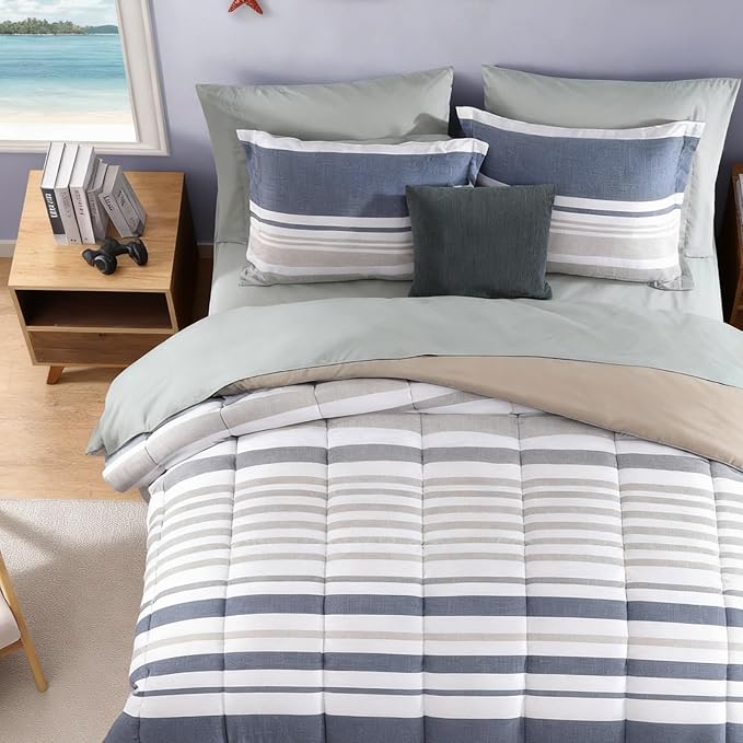 Full Comforter Set Striped, Sea Blue Bedding Set 7 Pieces for Boys Girls Teen, All Season Bed in a Bag for Dorm with Sheets, Pillowcases & Shams
