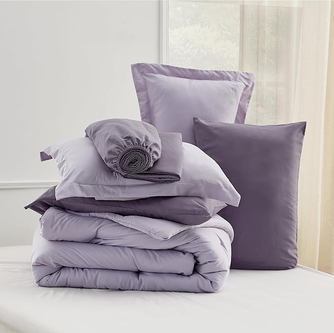 Bedsure Twin Comforter Set - 5 Pieces Lavender Twin Bedding Set for All Seasons, Boho Contrasting Design Bed in a Bag with Comforter, Sheets, Pillowcase & Sham